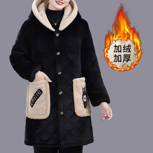 冬季法兰绒加绒棉袄女士中长时尚加厚棉服罩衣防寒保暖家居服外套