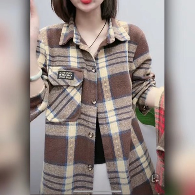 休闲格子毛呢衬衫女装百搭