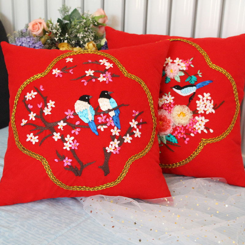 结婚丝带绣抱枕2026新款立体绣一对喜庆靠垫手工刺绣diy材料包