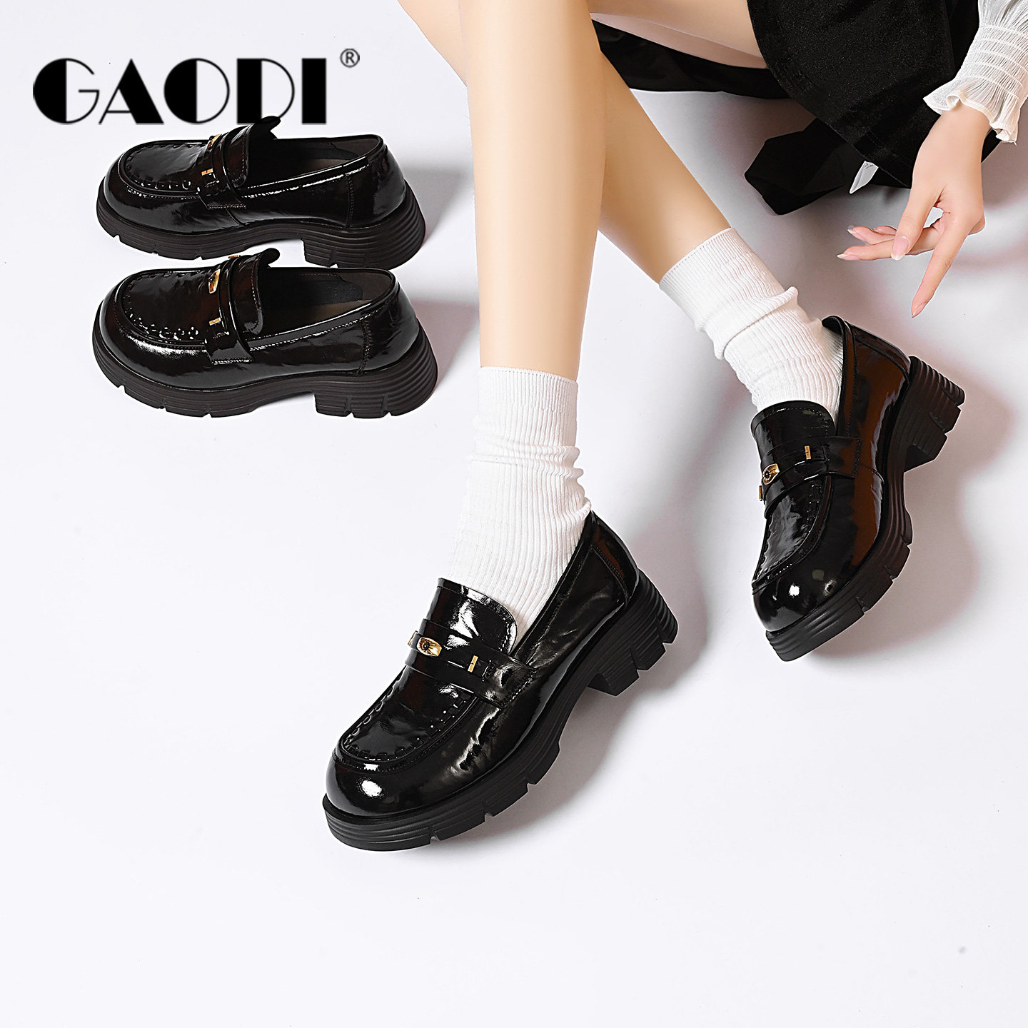 高蒂老钱风厚底乐福鞋女2026春季新款黑色漆皮英伦学院风增高女鞋