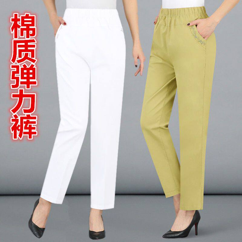 夏季女士弹力直筒裤薄款松紧高腰妈妈裤子中老年人松紧高腰休闲裤
