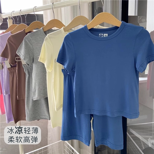 寶寶純色短袖 套裝 薄夏季 男女童空調(diào)家居服兒童莫代爾睡衣冰絲 短褲