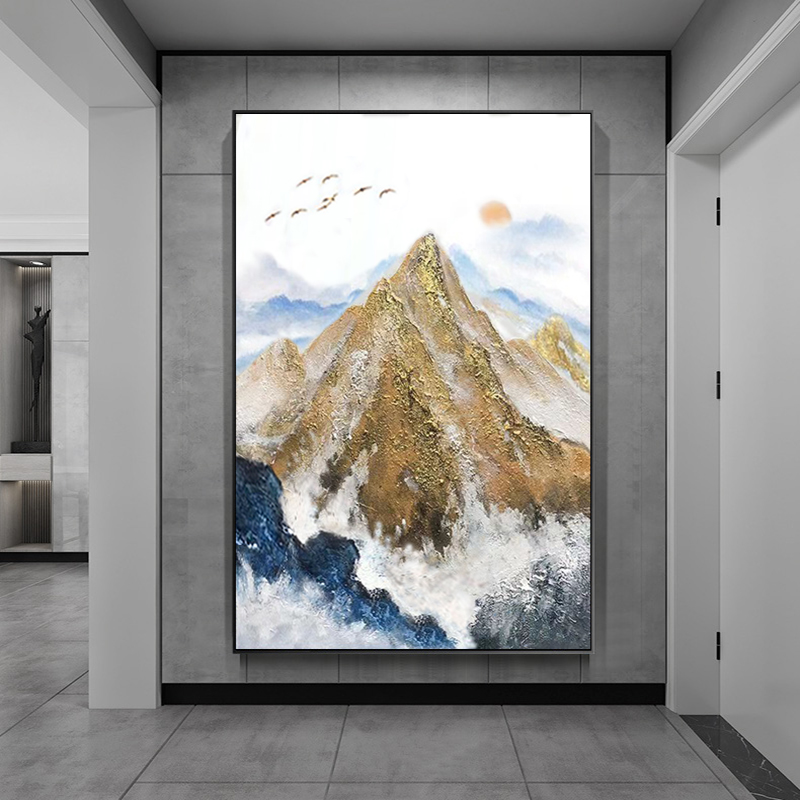 玄关手绘油画日照金山银山客厅装饰画简约现代办公室壁画轻奢挂画