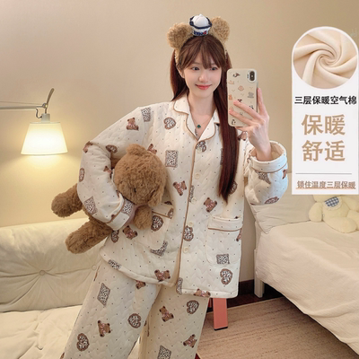 新款空气棉睡衣女生秋冬季长袖小熊卡通加厚保暖家居服套装可外穿