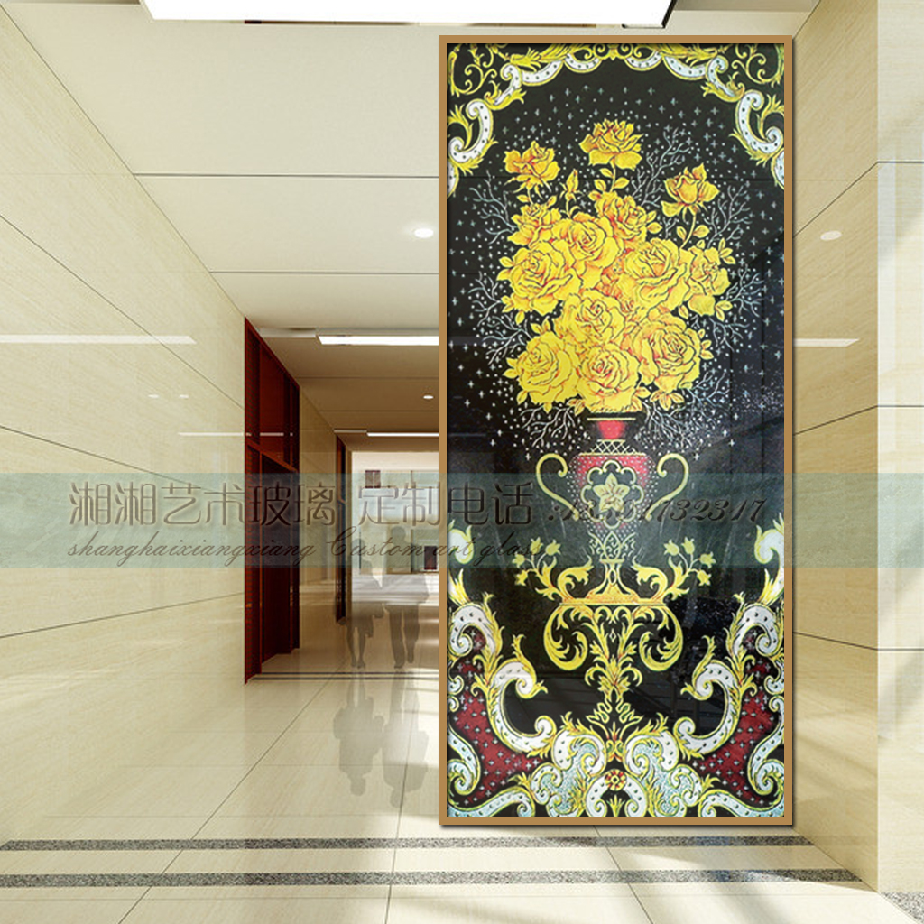 定制入户客厅屏风艺术玻璃油画田园风玄关隔断背景墙欧式玫瑰花瓶