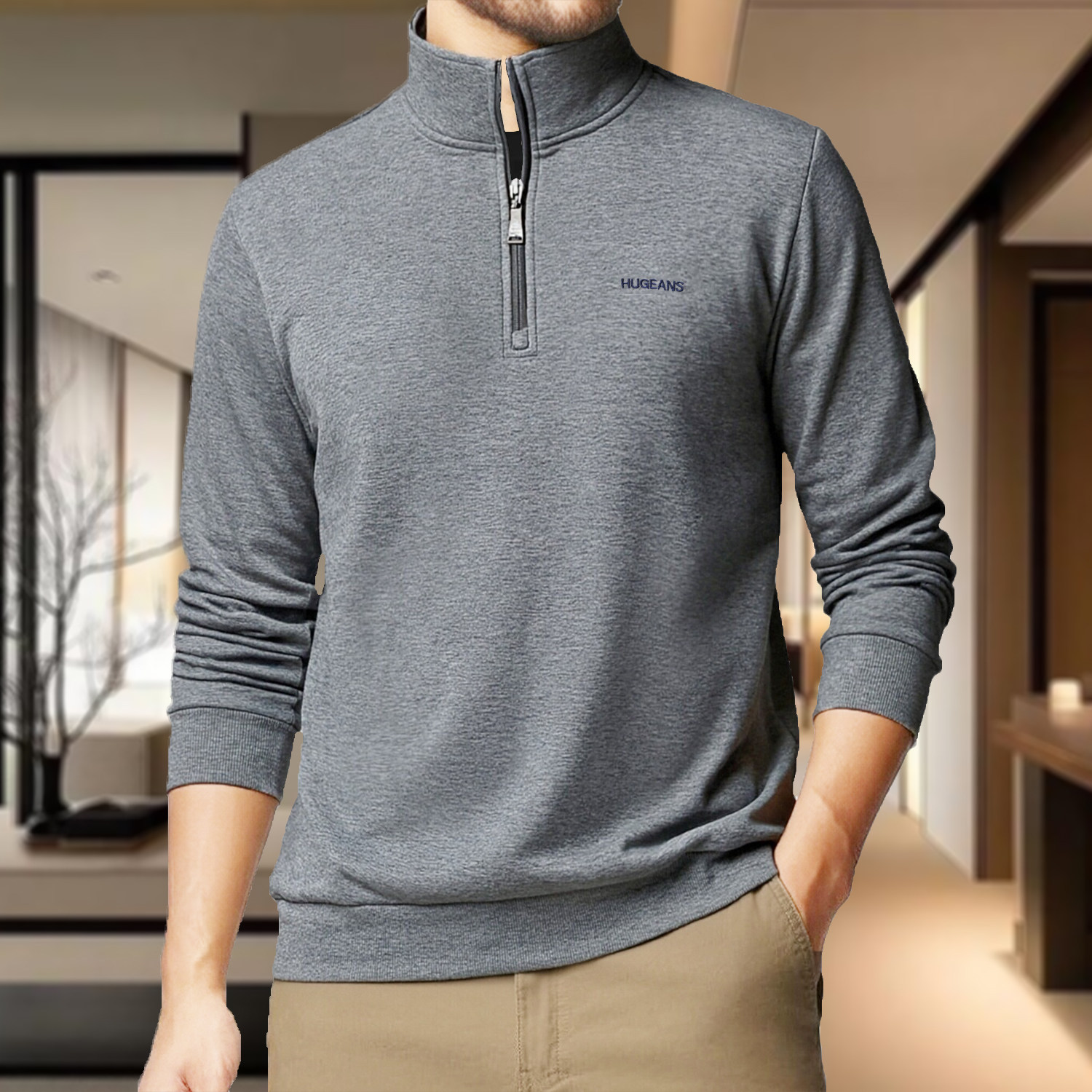 2026春秋新款简约运动风 半拉链立领长袖T恤上衣男加肥加大码宽松