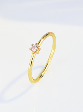 Young臻荣镀14K黄金色戒指小清新单颗锆石极纤细女戒指agete风格