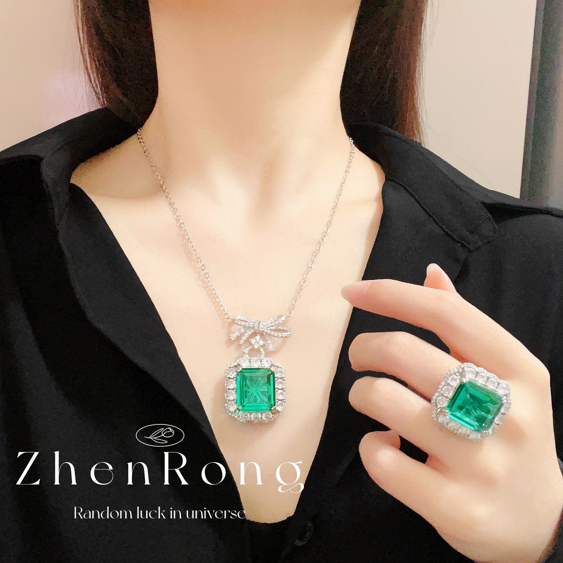 Young轻奢小众复古祖母绿蝴蝶结吊坠项链女方糖戒指彩宝耳钉套装,饰品/流行首饰/时尚饰品新,项坠/吊坠,淘宝优惠券,粉丝福利购,淘宝优惠卷