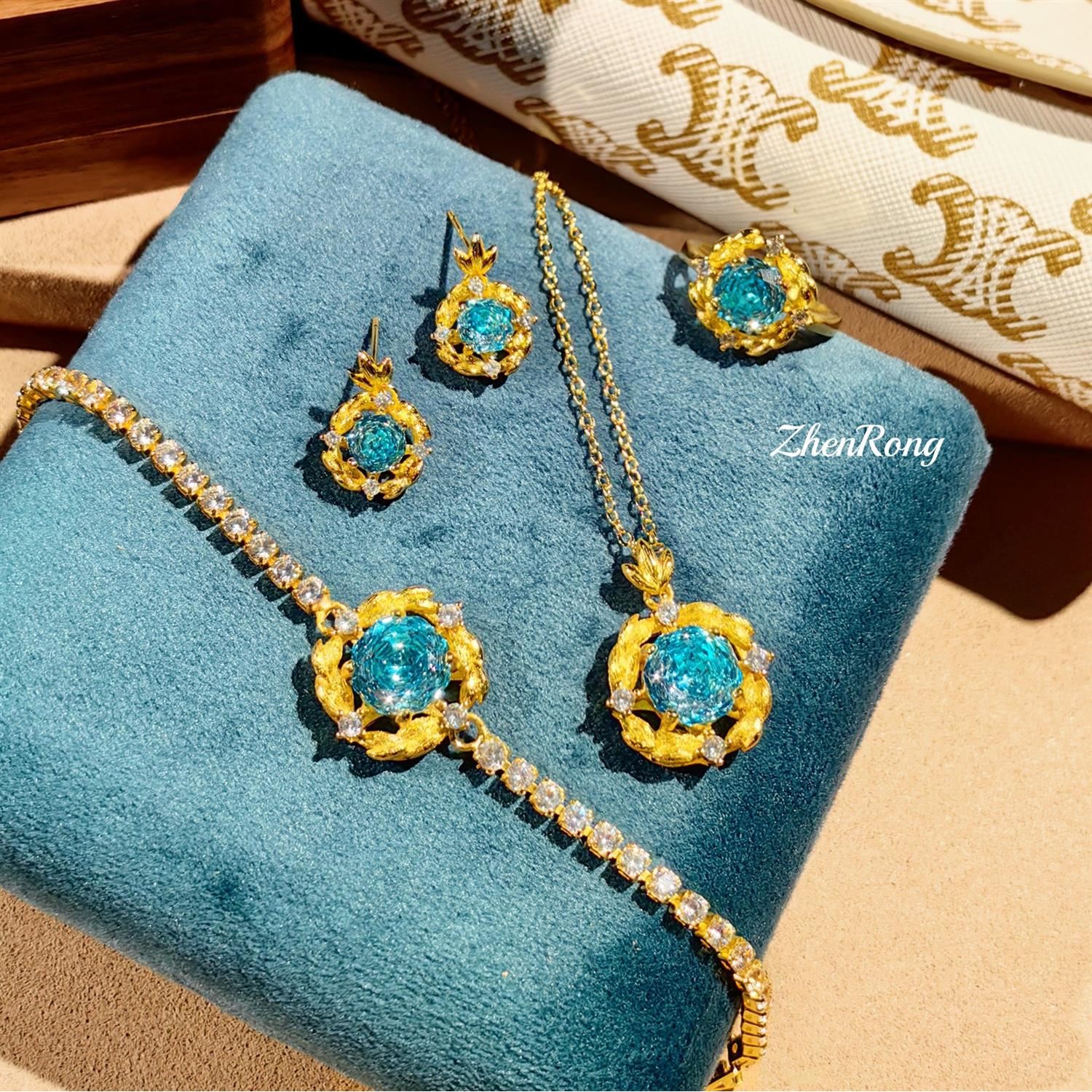 Young复古拉丝八角千禧玫瑰切吊坠女坦桑蓝帕拉伊巴套装碧玺手链