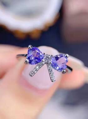 Young抖音直播引流仿天然坦桑石戒指精致蝴蝶结ins风开口彩宝戒指