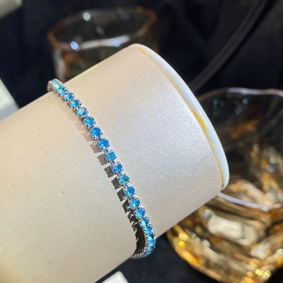 小众高级感四爪镶嵌单排高碳钻满钻手链简约百搭海蓝色网球手链女