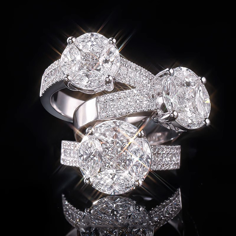 重工无边镶工艺拼接公主正方形仿真钻石戒指豪镶满钻婚戒钻戒女