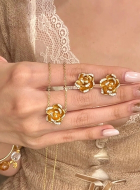 Young新中式山茶花项链女复古金丝玫瑰花耳钉高级工伯爵花套装女