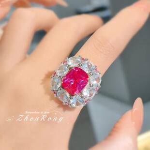 Young轻奢气质仿鸽血红宝石戒指欧美镶满钻肥长方红刚玉彩宝女戒