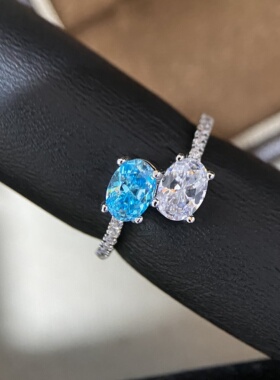 Young小红书同款蓝白钻椭圆交叠锆石开口戒指女小众设计轻奢指环