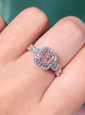 彩钻粉分色戒指公主方形群镶订婚