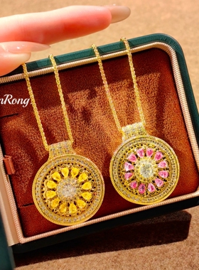 新中式柠檬片黄钻玫瑰花窗吊坠拉丝黄金色粉钻转动八宝罗盘项链女