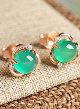 YoungS925纯银镶天然玉髓蛋面花型耳钉典雅气质女款银饰耳环饰品