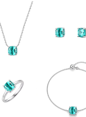 Young四爪方糖套装帕拉伊巴吊坠项链高碳钻绿彩宝手链公主方耳钉