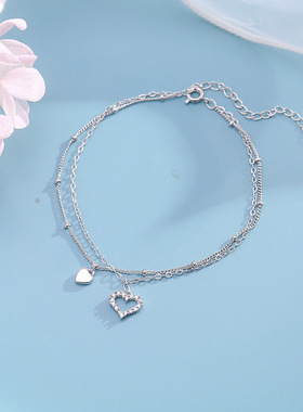 Young925银爱心双层小众设计脚链女韩版网红简约性感个性清新学生