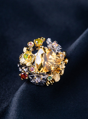 Young仿天然黄水晶彩色宝石戒指宫廷珠宝工艺聚财高级感开口戒指