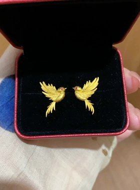 新中式复古飞鸟耳钉镀黄金国风时尚小众独特轻奢精致金色耳饰女潮