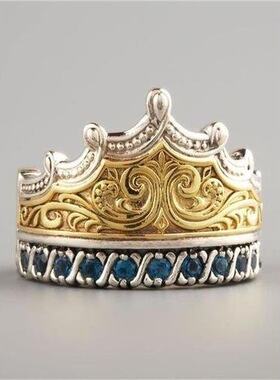 Young wish新款经典镶嵌蓝宝石皇冠戒指 欧美镀18k黄金分色银饰品