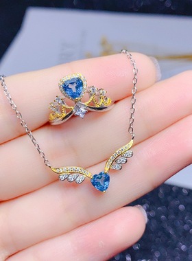 心形伦敦蓝托帕石天使之翼项链