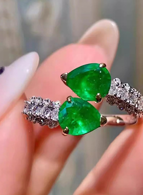 法式复古祖母绿彩宝戒指女