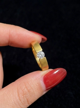 Young意大利手工拉丝简约单钻戒指轻奢中古金色缎面仿莫桑钻戒女