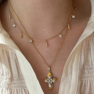 Young拉丝工艺vatican十字架双色金吊坠女复古鲁伯特之泪叠戴项链