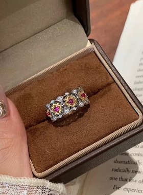 Young蕾丝bubu风窗花人工红宝石戒指中式宝相花图腾红刚玉排戒女