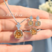 Young时尚 女 轻奢八角玫瑰切吊坠项链香槟钻戒指耳钉粉钻彩宝套装