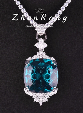 Young气质夸张肥正方伦敦蓝吊坠轻奢百搭芬达钻海蓝钻彩宝项链女