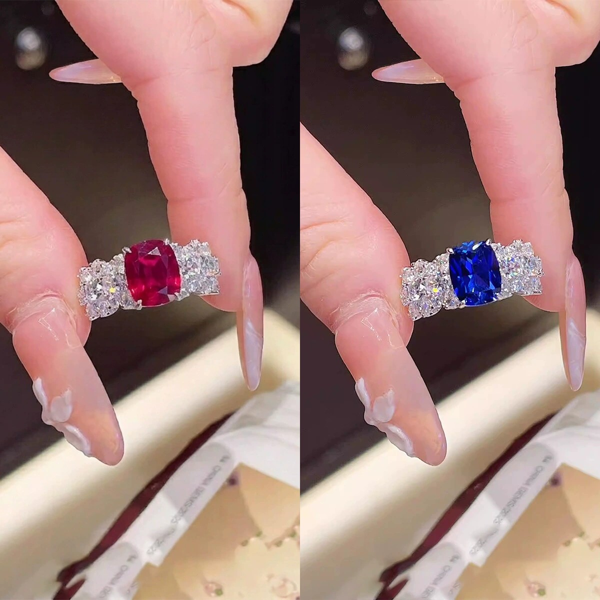 Young简约仿真皇家蓝宝石戒指女高碳钻红刚玉蓝尖晶枕形方钻戒女图片