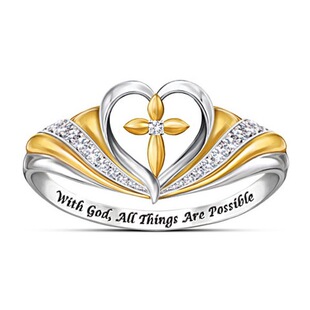 Yongwish热卖新款十字架爱心形微镶戒指 欧美与神同在双色指环女