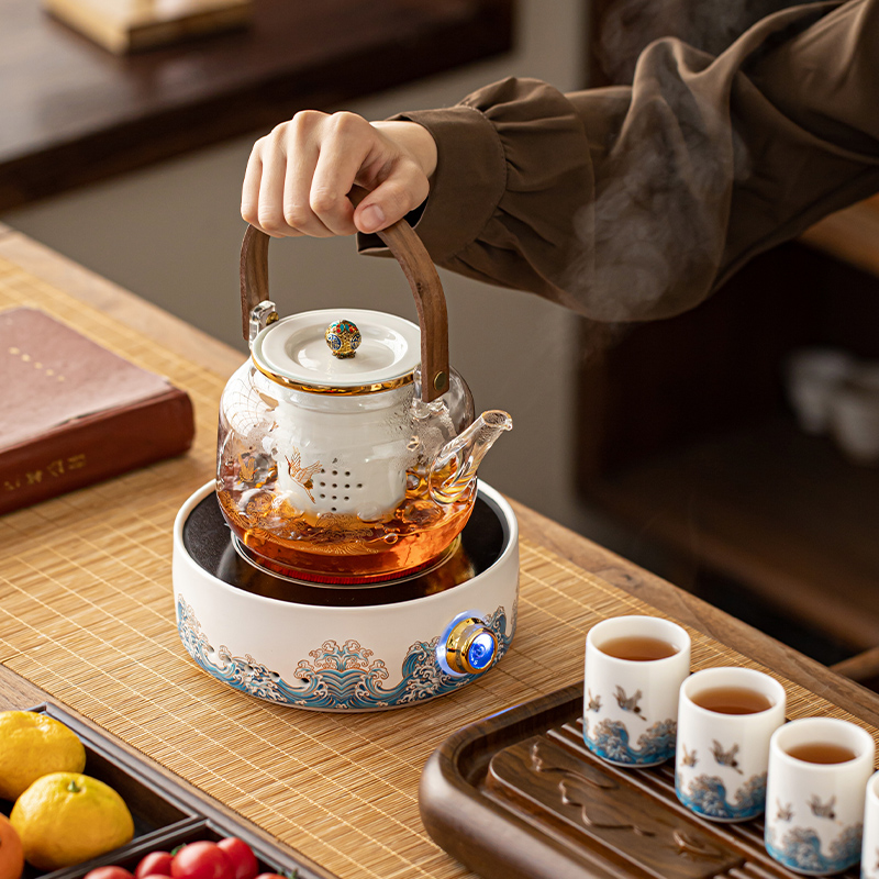 煮茶器围聚煮茶炉家用玻璃茶壶2024新款黑晶炉小型高端烧水壶套装