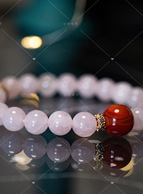 【壮的响亮】琼华映玥粉水晶沙金蝴蝶南红珠手链