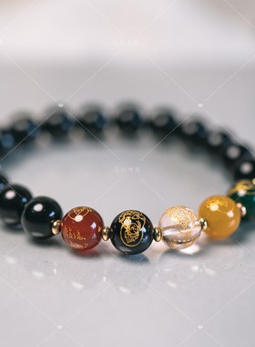 【壮的响亮】五路财神黑曜石五彩玛瑙开运手链手串