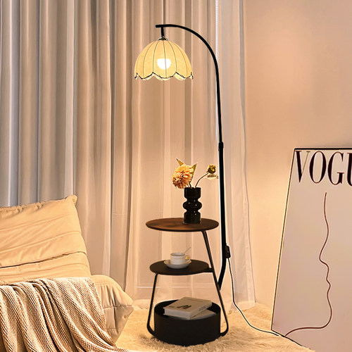 中古风客厅落地灯沙发边几装饰氛围置物茶几卧室床头一体落地台灯