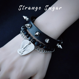 怪糖饰物集原创手工吉他吊坠珠串手链铆钉仿皮手环亚文化朋克黑色