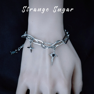 怪糖饰物集原创手工十字吊坠链条手链亚文化y2k银色