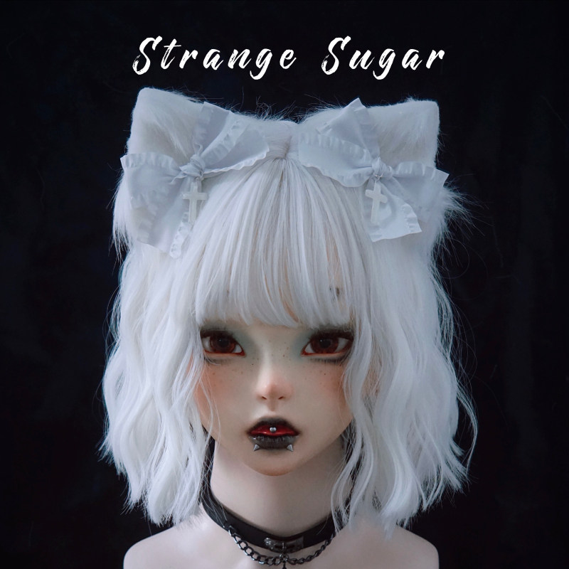 怪糖饰物集原创手工毛绒猫耳蝴蝶结十字发夹白色亚文化暗黑系