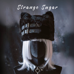 怪糖饰物集原创手工双皮扣毛绒猫耳帽子仿皮草暗黑亚文化黑色