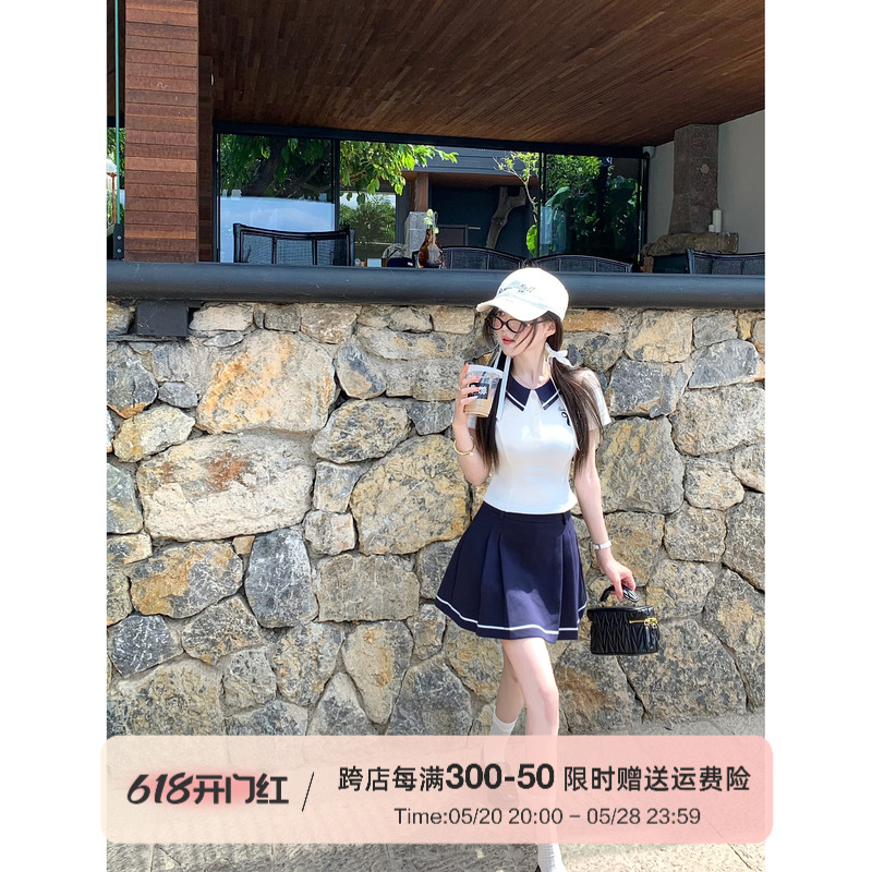 Q女家 元英套装/学院风龄polo领短袖衬衫高腰半身裙两件套女夏季