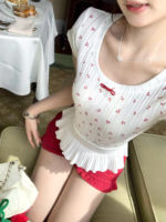 Q Girl's Cherry Raspberry/Korean-style girlish knitted round-neck printed T-shirt top thumbnail 6