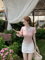 Q Girl's White Peach Fragrance/Baby collar, cute and rich girl vibe Pink knitted top, slimming and youthful short-sleeved/sleeveless thumbnail 2