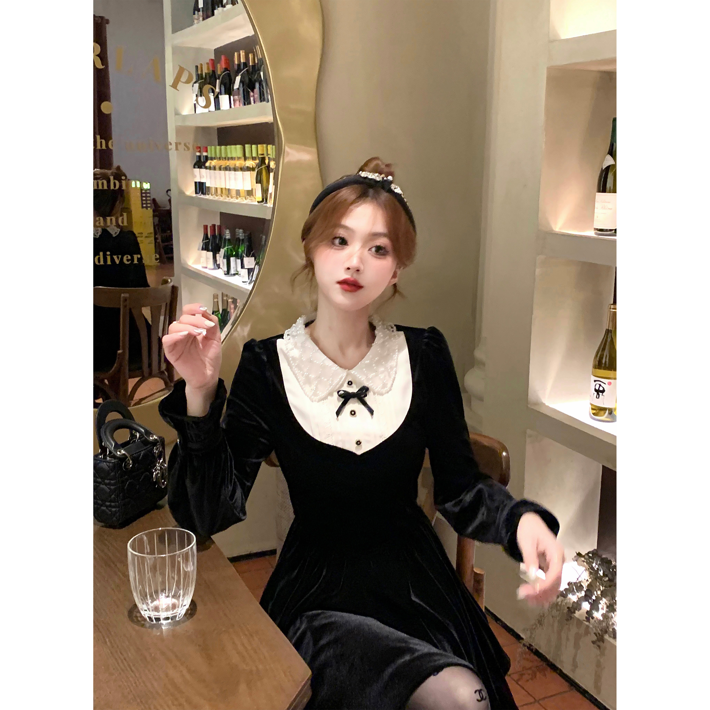 Q女家  丝绒爱神/复古赫本小黑裙娃娃领长袖连衣裙2023新款女早秋