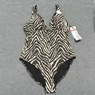 出口欧美单女士V领咖白斑马条纹简约露背绑带休闲三角连体游泳衣