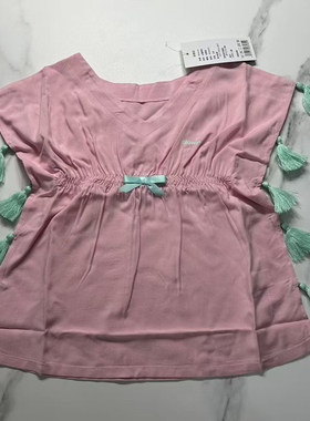 出口欧美女中小大童防辐射粉色防晒服沙滩服休闲腰部抽皱宽松裙子